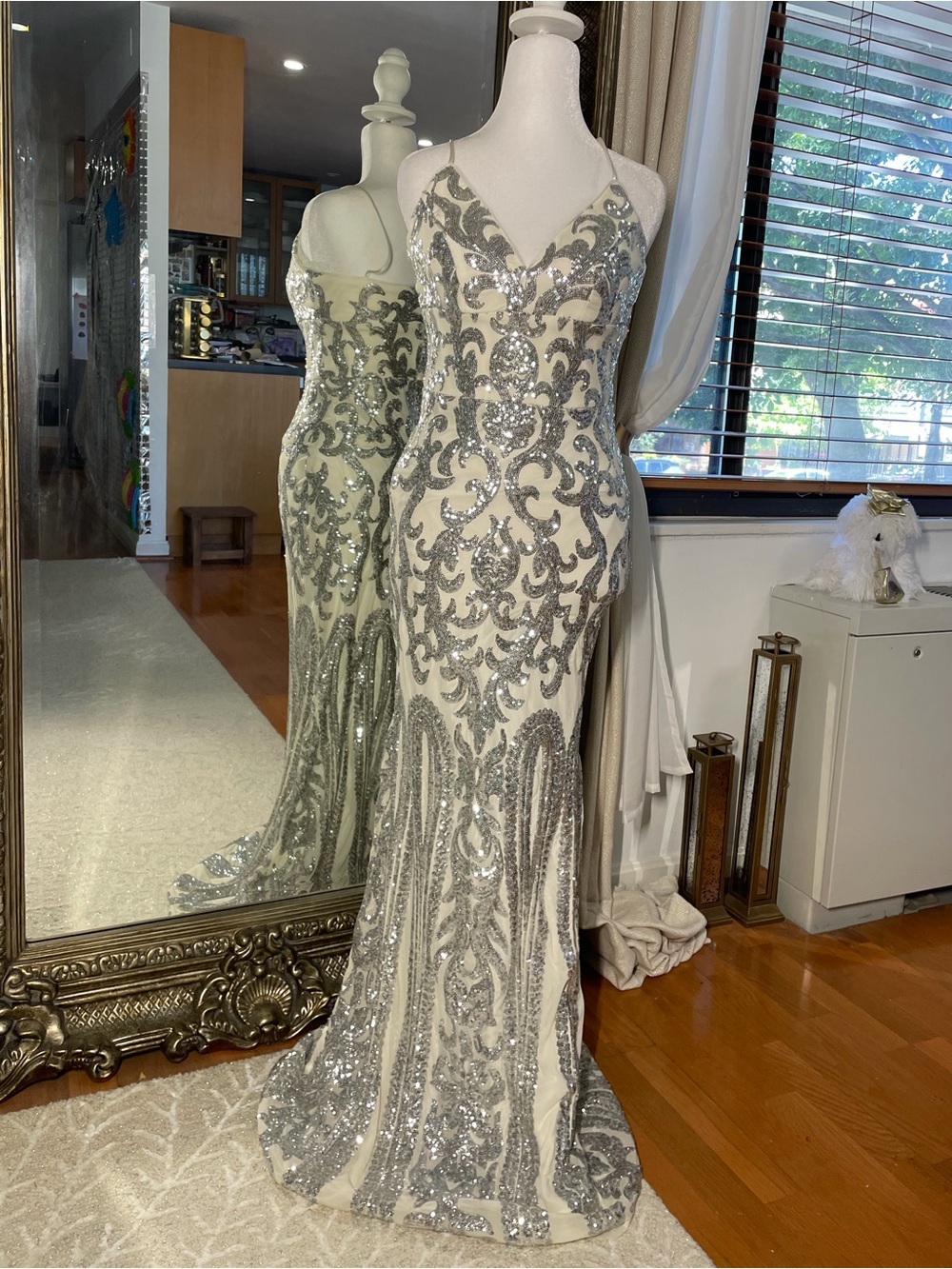 Aqua Ivory and Silver Sequin Embellished  Gown